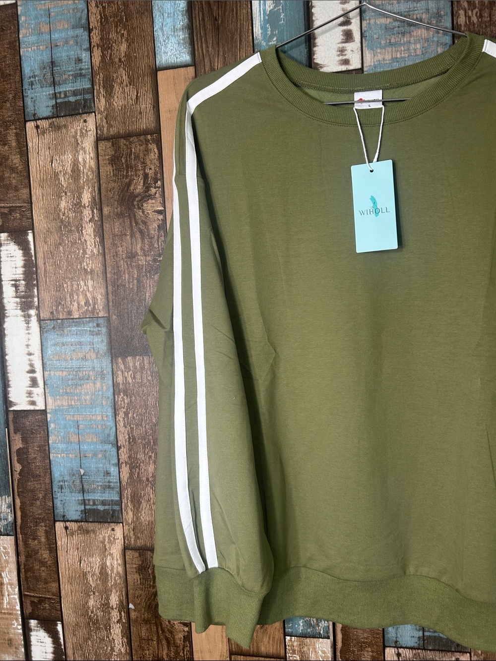 Army green white striped sleeve oversized sweatshirt - Picture 3 of 12